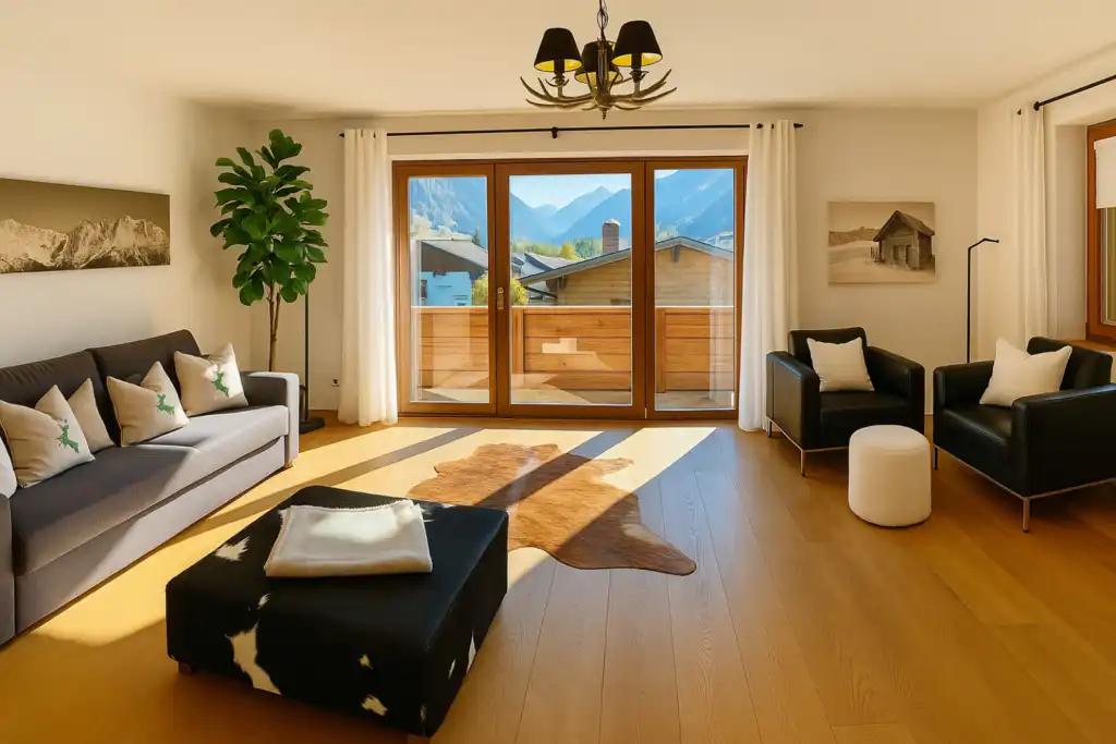 The bright Kitzhorn "Emotions" living room with sofa, armchairs and balcony door opens up views of the Kitzbühel Alps near Jochberg.