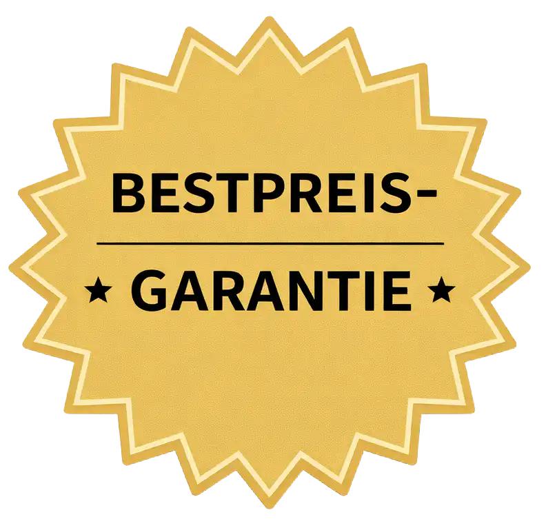 Ein goldener Sternsticker mit der Aufschrift „BESTPREIS-GARANTIE“ setzt auf weißem Hintergrund ein klares Zeichen für günstige Konditionen im Angebot.