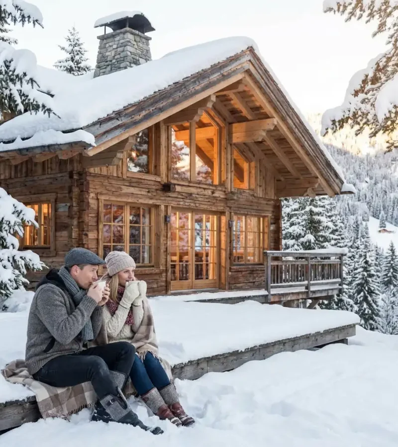 Vor einer warm beleuchteten Berghütte im Schnee sitzen zwei Menschen mit heißen Getränken und genießen die stille Winterlandschaft am Abend.