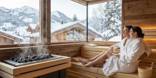 In einer Holzsauna sitzen zwei Menschen im Bademantel am Fenster und blicken auf verschneite Berghütten, Berge und dampfende Ofensteine.